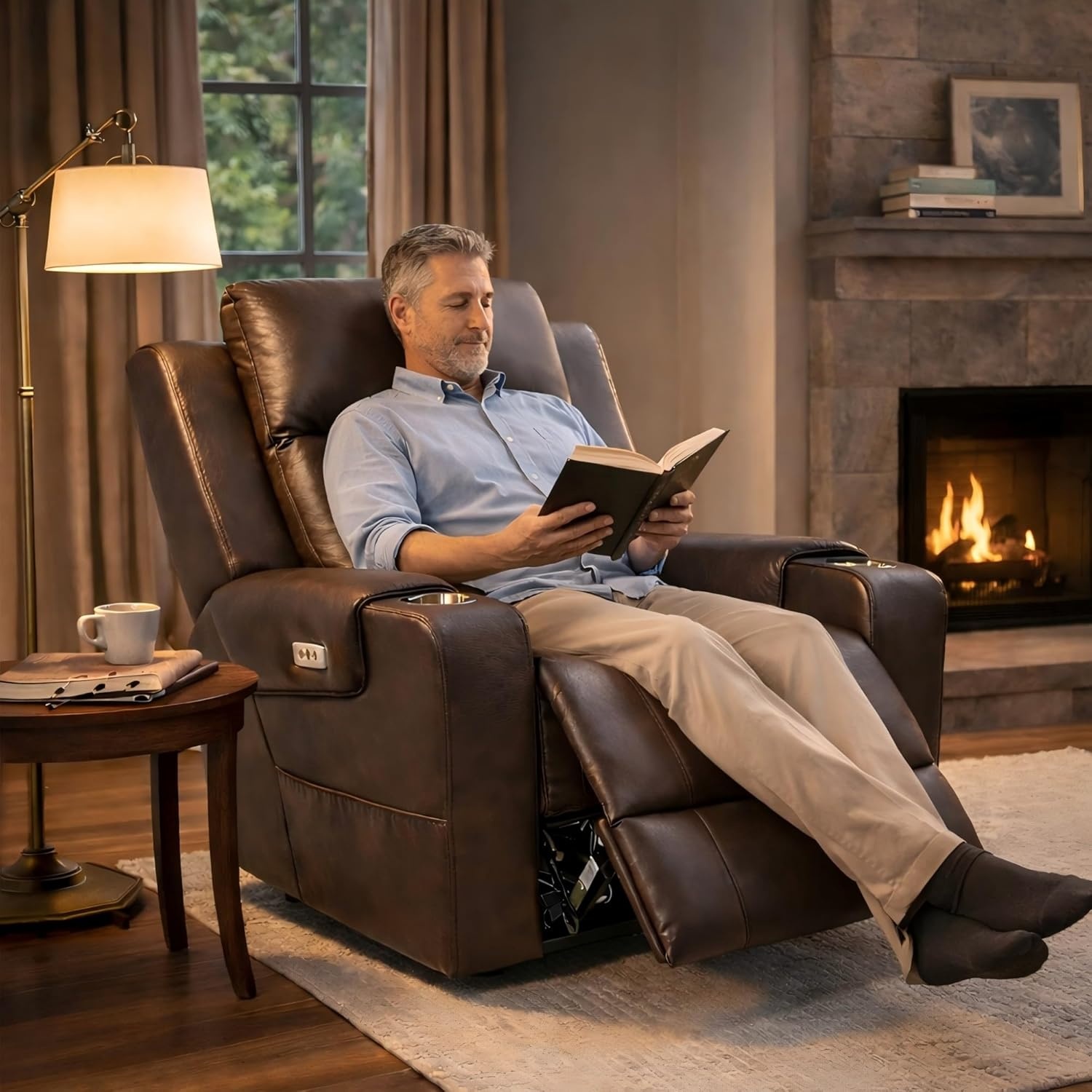 image:imageFLEXISPOT Truffle Genuine Leather Power Recliner w 12 WallHugger Clearance Electric ZeroWall RV Recliner wAdjustable Headrest Massage amp Heat Home Theater Sofa FSCCertified ChocolateChocolate