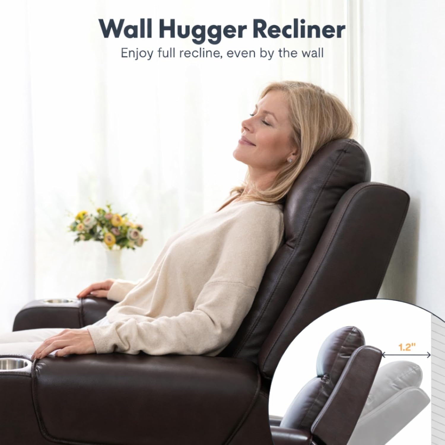 image:imageFLEXISPOT Truffle Genuine Leather Power Recliner w 12 WallHugger Clearance Electric ZeroWall RV Recliner wAdjustable Headrest Massage amp Heat Home Theater Sofa FSCCertified ChocolateChocolate