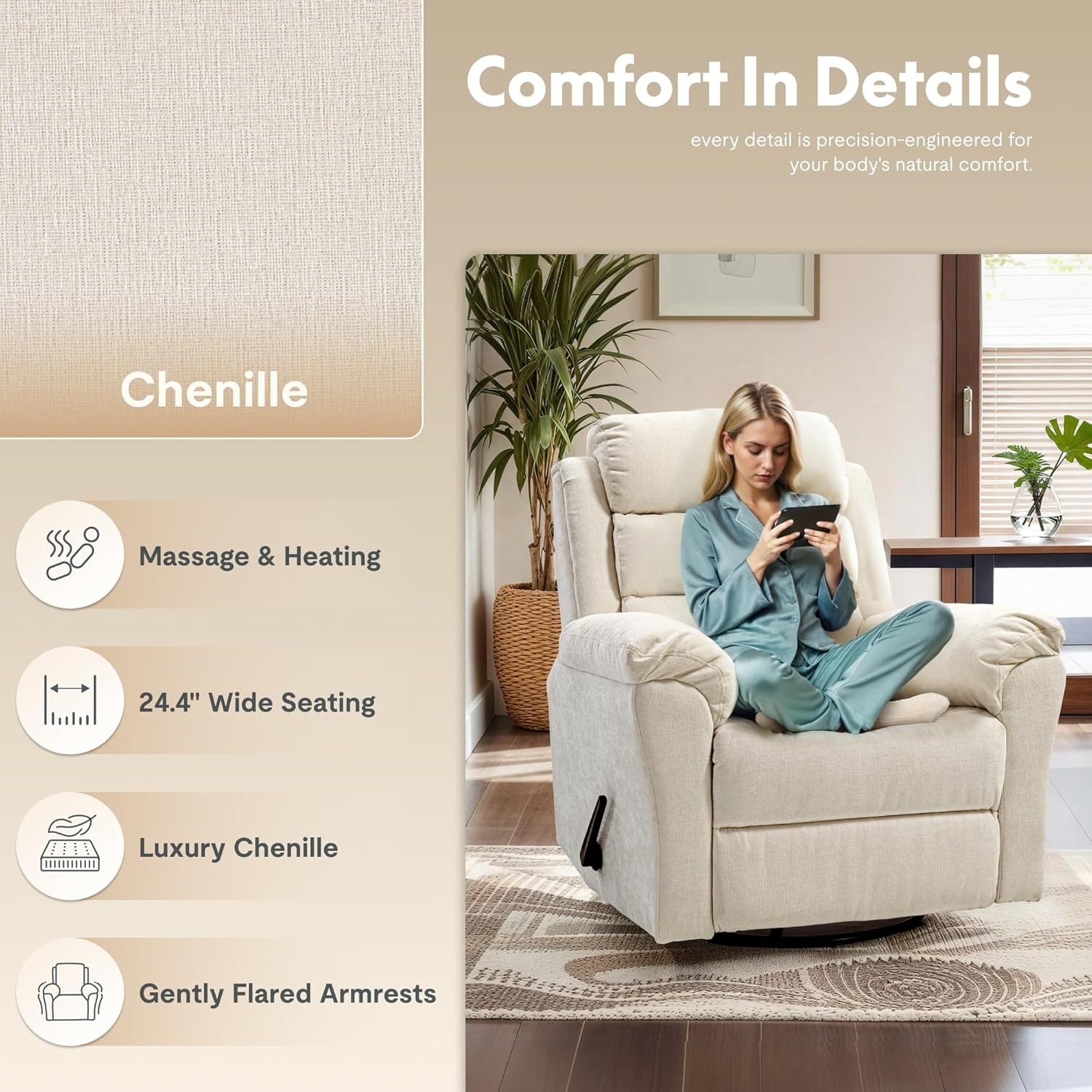 image:imageFLEXISPOT XRC6 Nursery Swivel Rocker Recliner with Massage amp Heat Rocking Glider Chair w 28 High Back Comfy Upholstered Armchair for Living Room Nursery FSC CertifiedPremium Chenille Beige