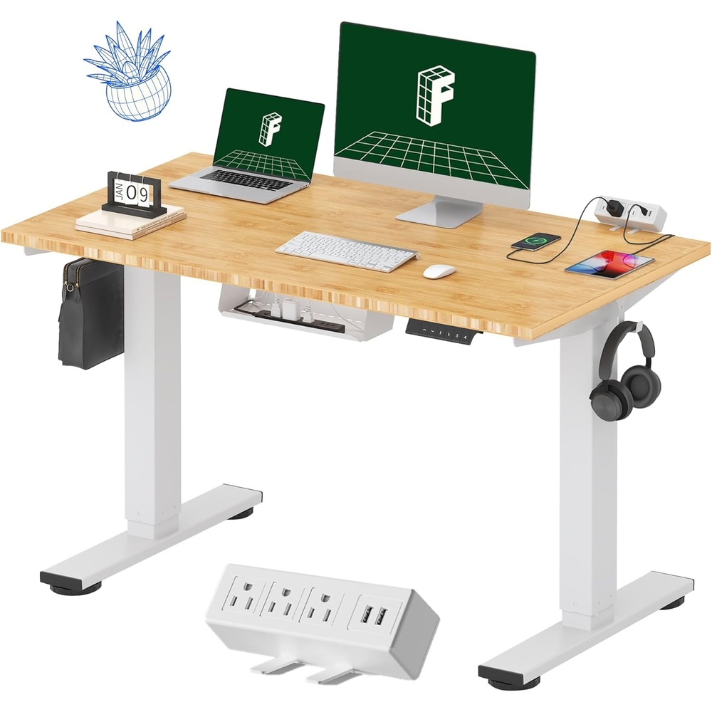 image:imageFLEXISPOT EN2 WholePiece Standing Desk with Clamp Power Strip 55 x 28 Electric Stand Up Height Adjustable Desk with Cable Management White Frame 55 White Top2 PackagesBamboo Top White Frame