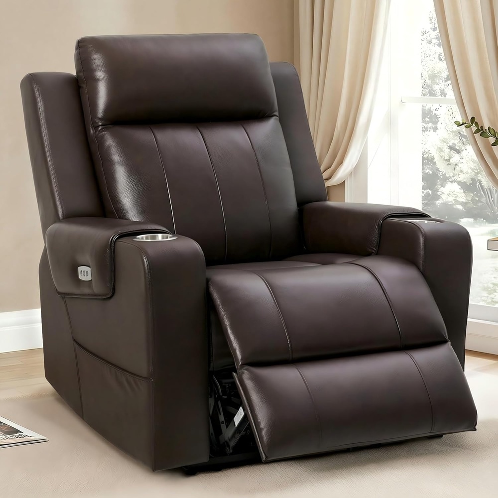 image:imageFLEXISPOT Truffle Genuine Leather Power Recliner w 12 WallHugger Clearance Electric ZeroWall RV Recliner wAdjustable Headrest Massage amp Heat Home Theater Sofa FSCCertified ChocolateChocolate