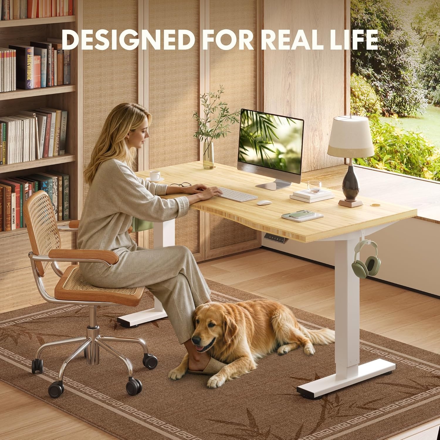 image:imageFLEXISPOT Solid Bamboo Standing Desk 48 x 24 Real Bamboo Desktop with Natural Grain Durable amp Sustainable Workstation for Home Office and MultiMonitor Setups Curved Black FrameWhite Frame