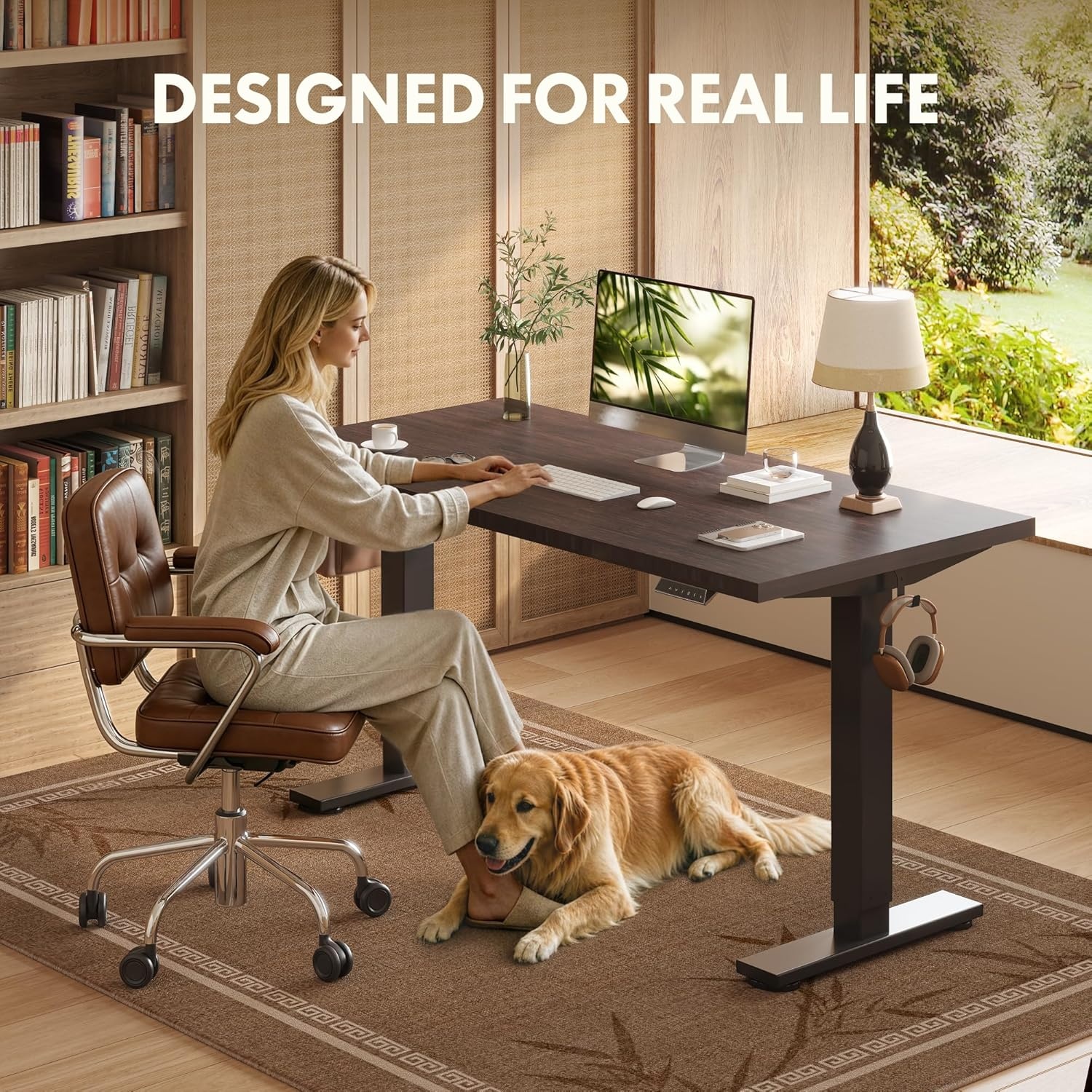 image:imageFLEXISPOT Solid Bamboo Standing Desk 48 x 24 Real Bamboo Desktop with Natural Grain Durable amp Sustainable Workstation for Home Office and MultiMonitor Setups Curved Black FrameBlack Frame