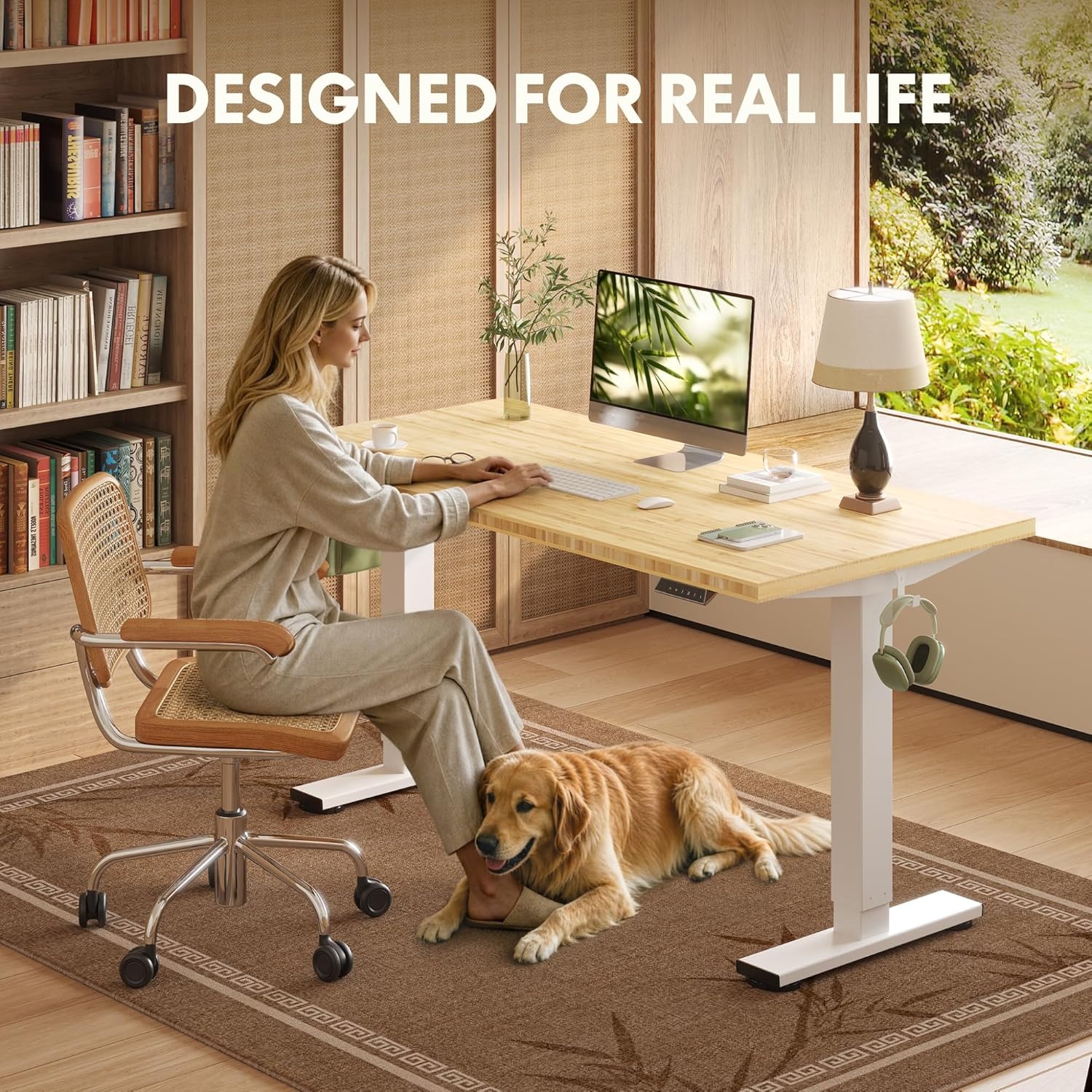 image:imageFLEXISPOT Solid Bamboo Standing Desk 48 x 24 Real Bamboo Desktop with Natural Grain Durable amp Sustainable Workstation for Home Office and MultiMonitor Setups Curved Black FrameWhite Frame