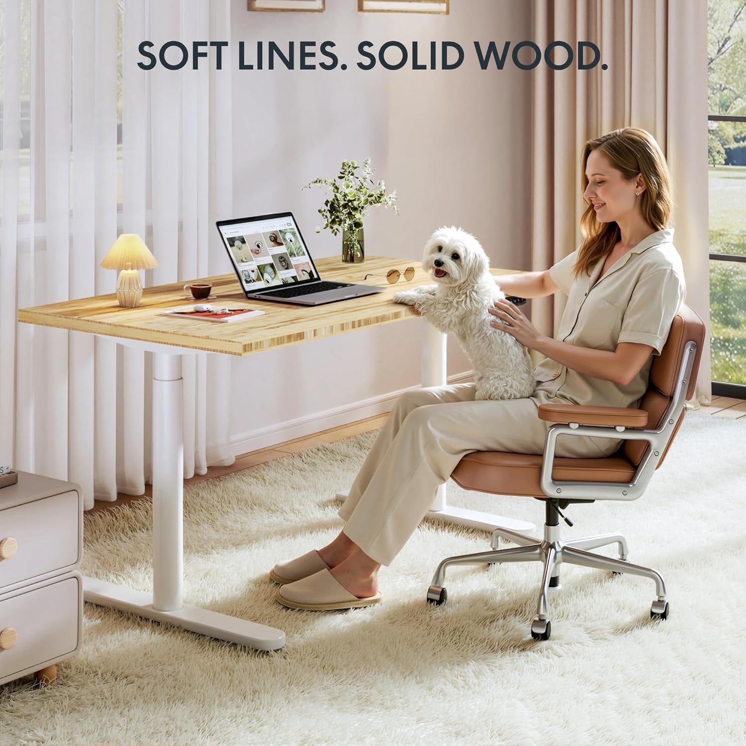 image:imageFLEXISPOT Solid Bamboo Standing Desk 48 x 24 Real Bamboo Desktop with Natural Grain Durable amp Sustainable Workstation for Home Office and MultiMonitor Setups Curved Black FrameWhite Oval Frame