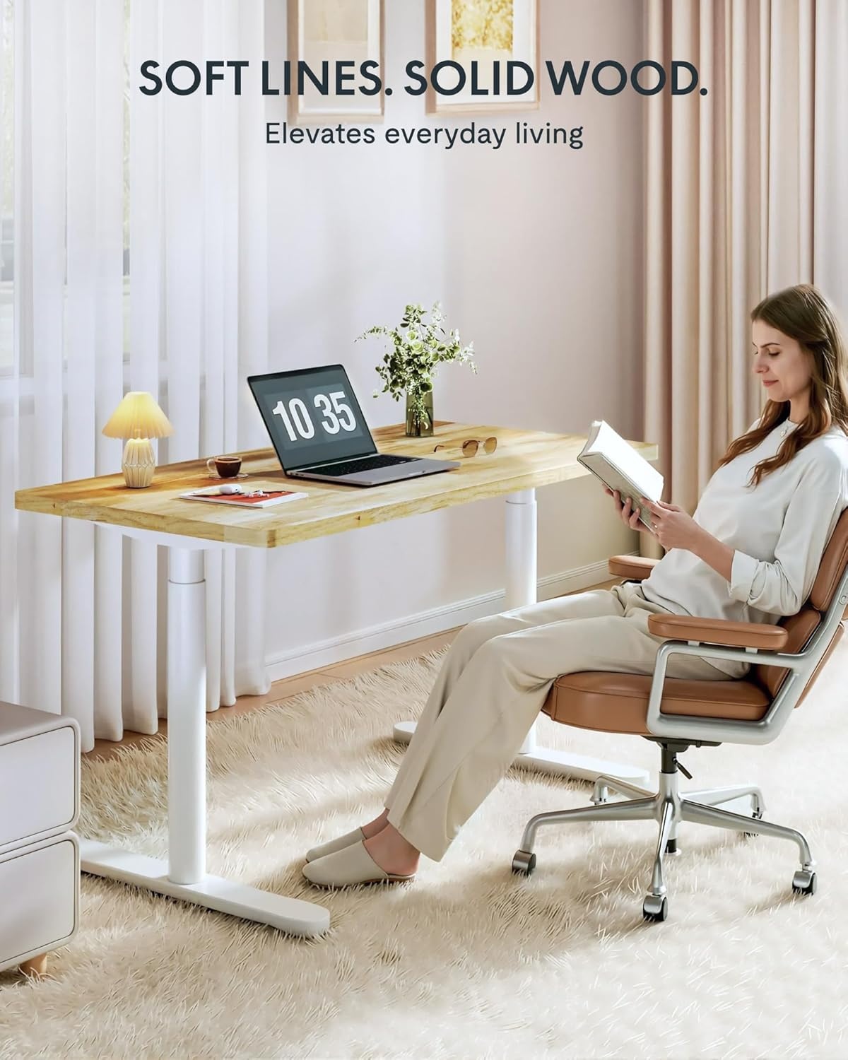 image:imageFLEXISPOT Solid Bamboo Standing Desk 48 x 24 Real Bamboo Desktop with Natural Grain Durable amp Sustainable Workstation for Home Office and MultiMonitor Setups Curved Black FrameWhite Oval Frame