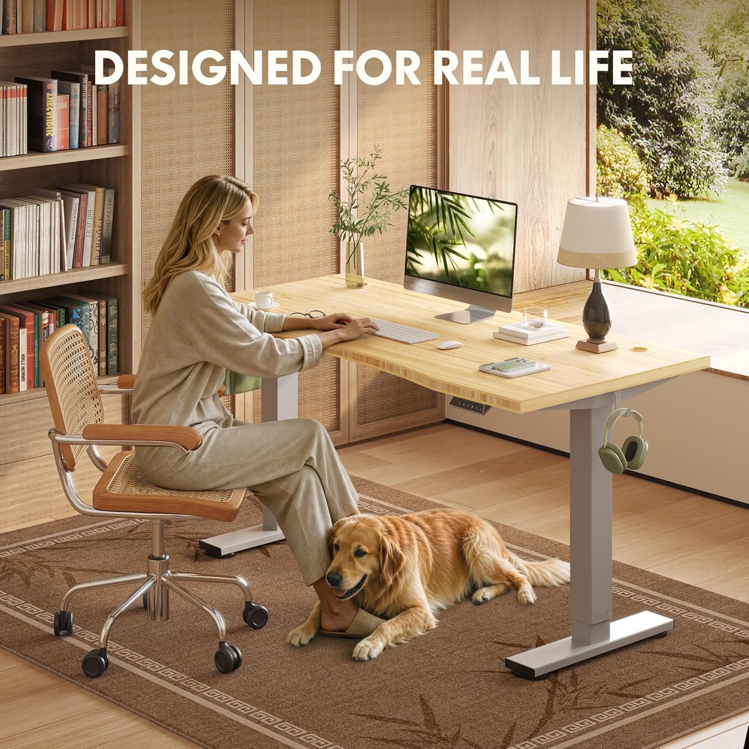 image:imageFLEXISPOT Solid Bamboo Standing Desk 48 x 24 Real Bamboo Desktop with Natural Grain Durable amp Sustainable Workstation for Home Office and MultiMonitor Setups Curved Black FrameSilver Frame