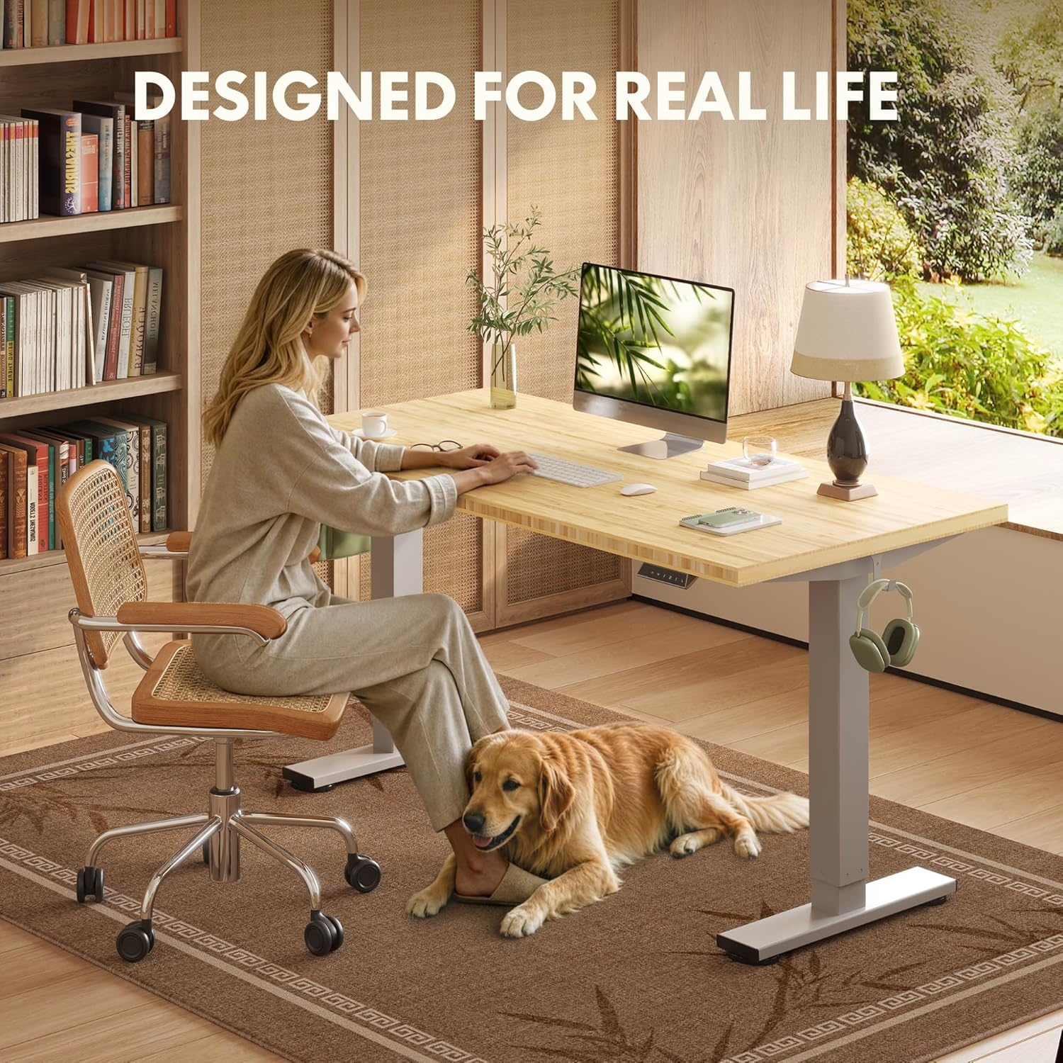 image:imageFLEXISPOT Solid Bamboo Standing Desk 48 x 24 Real Bamboo Desktop with Natural Grain Durable amp Sustainable Workstation for Home Office and MultiMonitor Setups Curved Black FrameSilver Frame