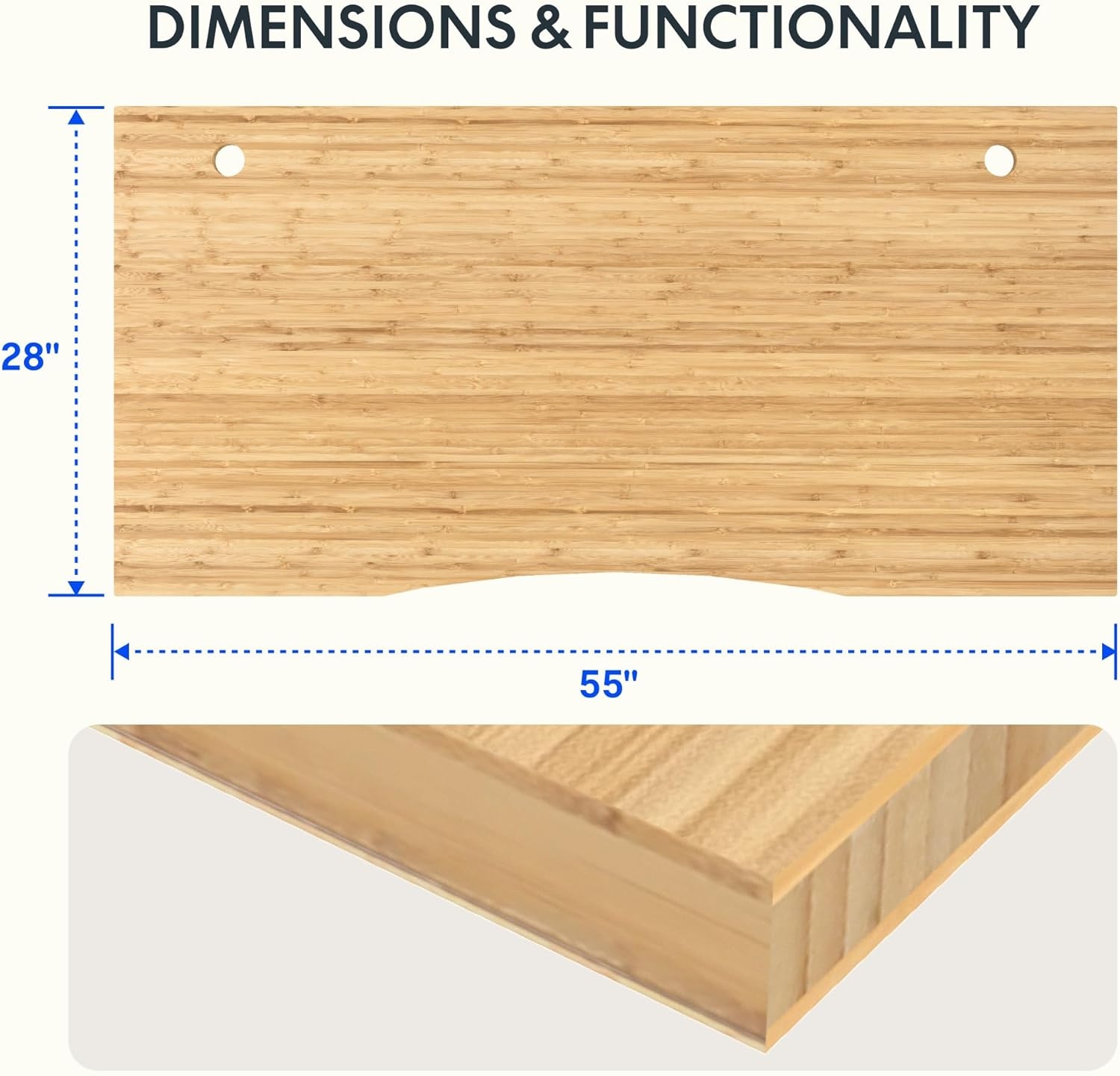 image:imageFLEXISPOT Whole Piece 48x30 Desktop 1 Thickness Height Adjustable Desk Rectangular Tabletop White Board 48INCH White TopCurved Natural Bamboo