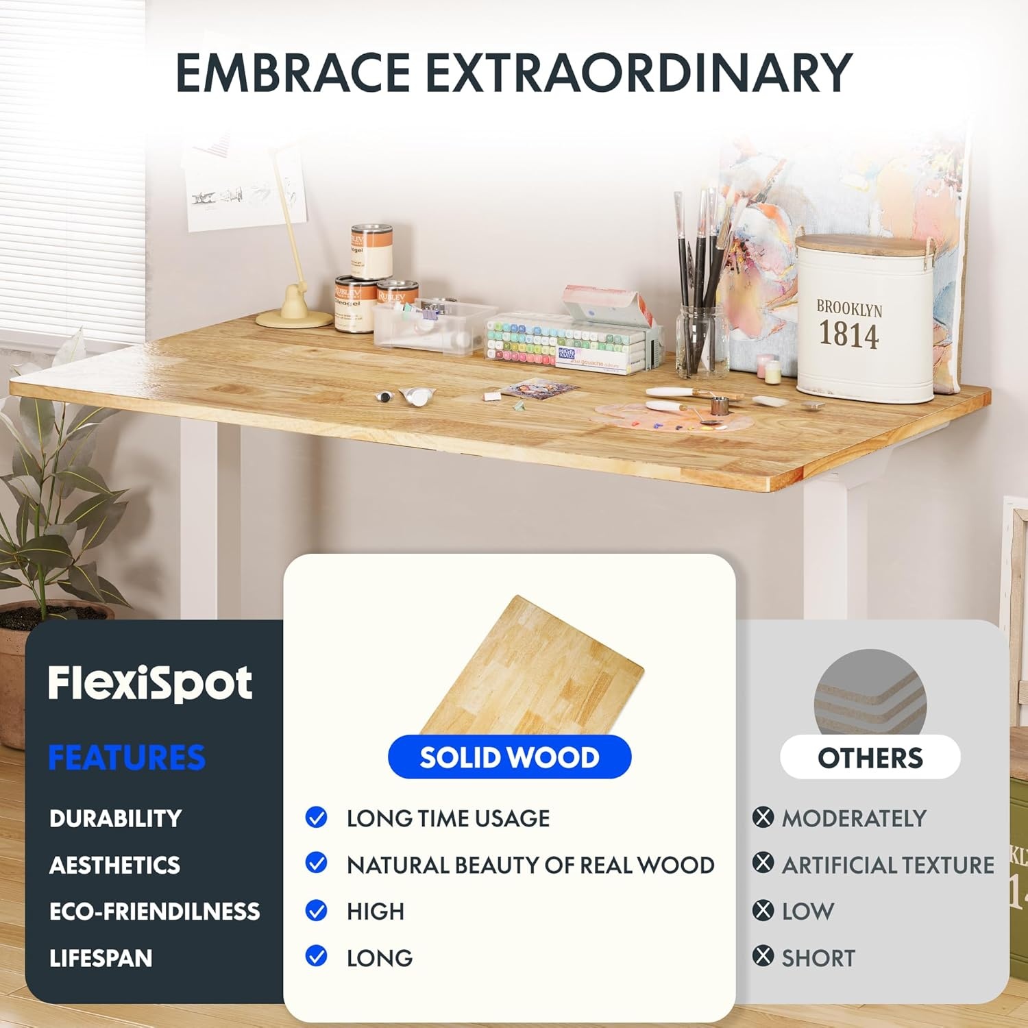 image:imageFLEXISPOT Whole Piece 48x30 Desktop 1 Thickness Height Adjustable Desk Rectangular Tabletop White Board 48INCH White TopRubber Wood